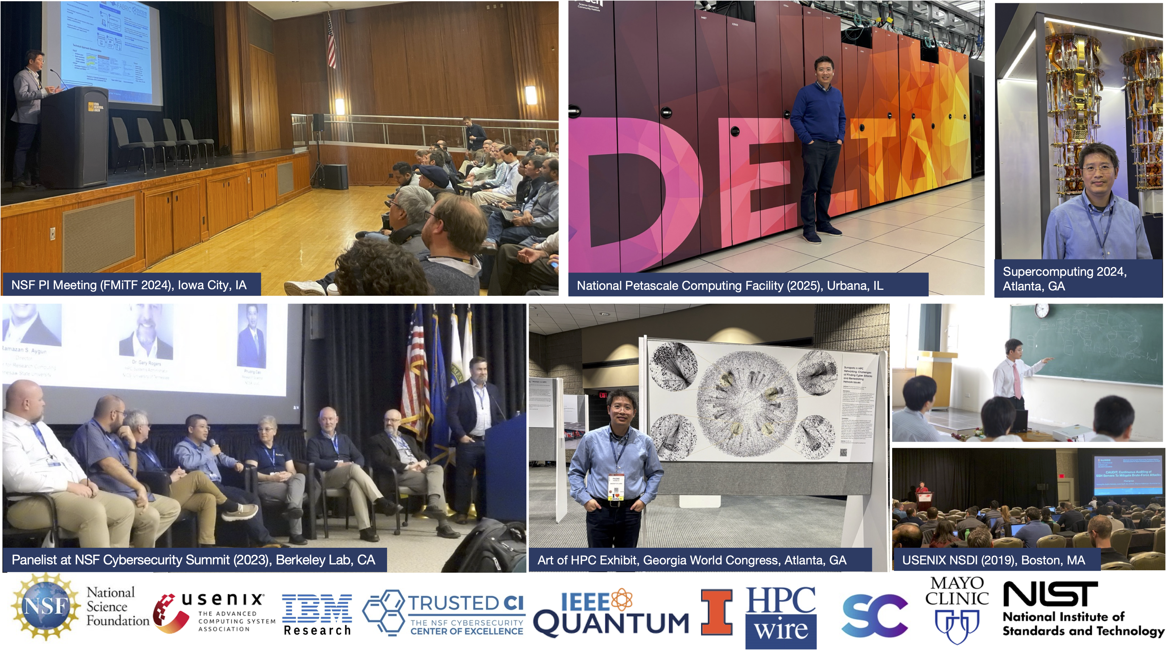 Collage of photos featuring Phuong Cao from various research events