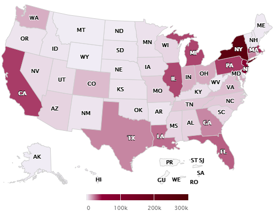 A map from Abdelzaher's website showing the number of cases predicted for each state as of 4/22/20.