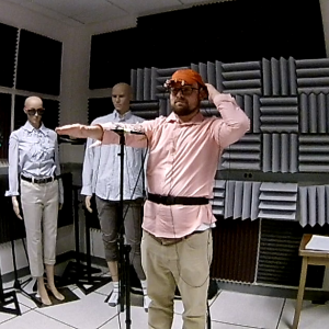 Corey performing the Mic-Array-Na dance in the Augmented Listening Laboratory.