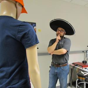 Team lead Ryan Corey and a mannequin, both of which were covered with 80 microphones during the research.