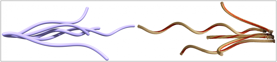 The purple strands on the left show the simulated robot arms. The red and creme strands on the right show the actual robot arms created for this project.