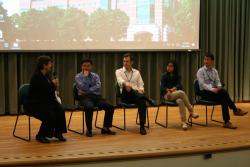 CSL Director Klara Nahrstedt leads a panel discussion with George Lan, Daniel Work, Niao He, and Ruoyu Sun, who spoke on big data and optimization.