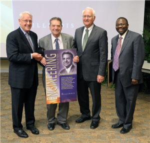 In 2010, Don Bitzer was inducted into the College of Engineering Hall of Fame. (l to r) U of I President Stanley Ikenberry, Bitzer, Chancellor Robert Easter, and Dean Ilesanmi Adesida.