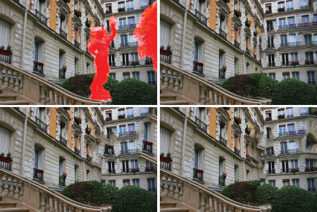 Clockwise from upper left: Original showing the region to be removed in red, the Illinois and Microsoft results, two other methods below. (Original image by Flickr user micromegas.)