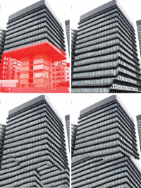 Clockwise from upper left: Original showing the region to be removed in red, the Illinois and Microsoft results, two other methods. (Original image by Flickr user addictive_picasso.)