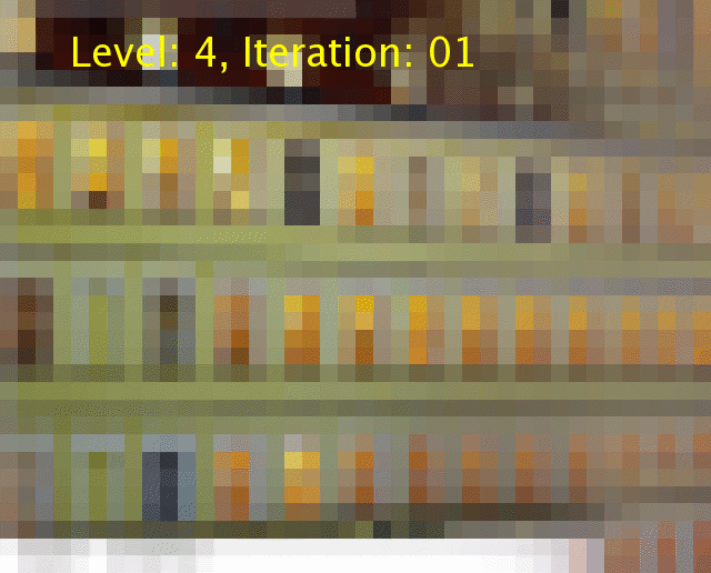 From top: Original showing the region to be removed in red, a GIF animation showing the Illinois and Microsoft image-completion process. (Original image by Flickr user agile_dore.)