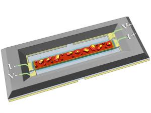 This NanoDSC is a chip-based, ultra-sensitive, thin-film device that de la Rama uses in his research.  On one side of the nitride window is metal thin film, which serves both as a heater when current is applied and as a thermometer after temperature calibration against a standard resistance temperature detector (RTD).