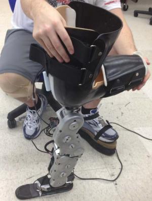 Aghasadeghi is using this prosthetic device, which was developed at Vanderbilt University, to test his algorithm, which allows amputee subjects to walk with a natural gait.