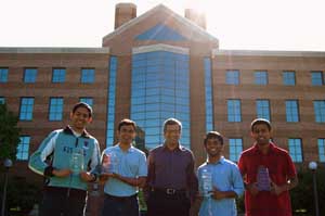 Qualcomm contest winners (from left) Sreeram Kannan, Adnan Raja, Prof. Venu Veeravalli (faculty adviser), Sreekanth Annapureddy and Jayakrishnan Unnikrishnan 