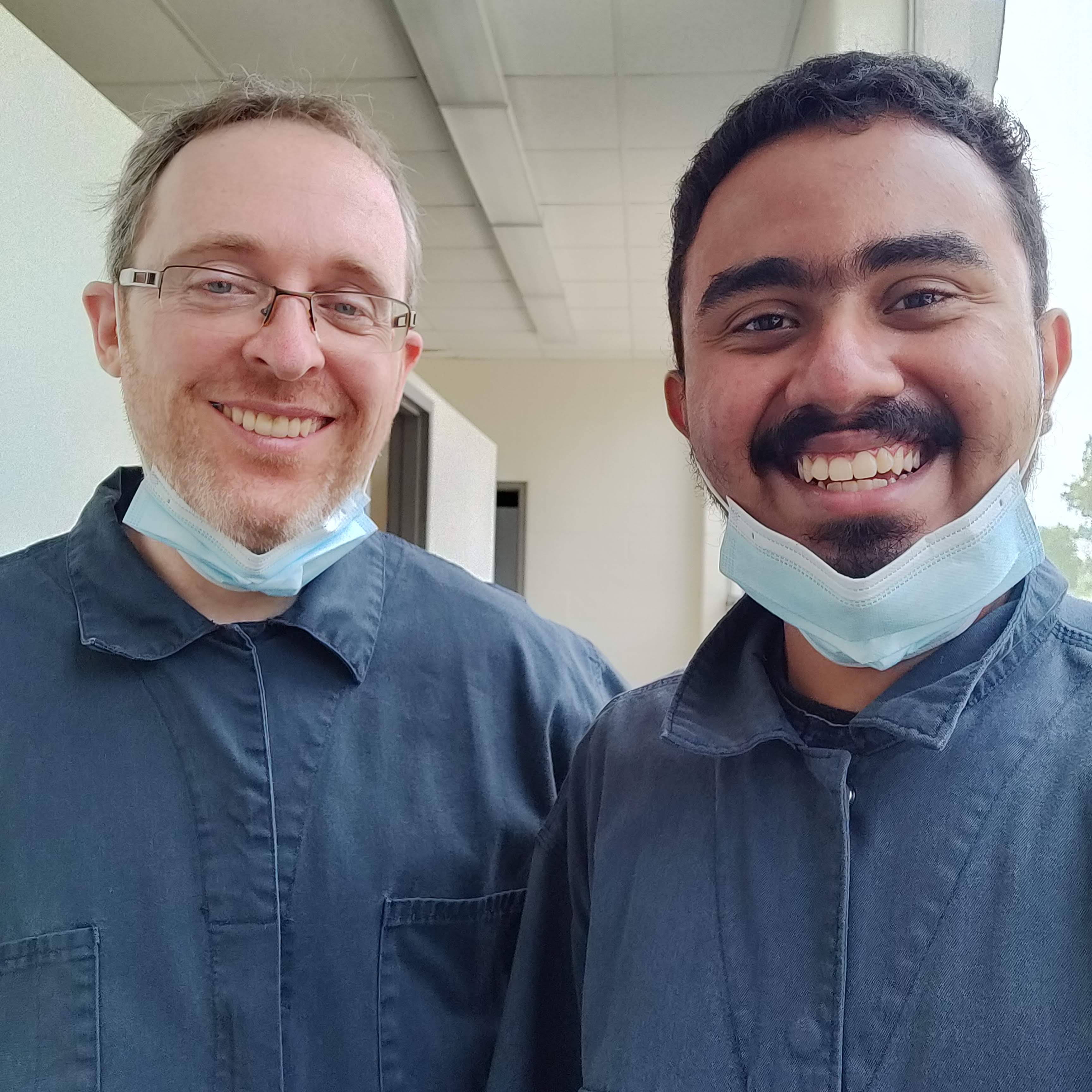 Aniket Shirke (right) with adviser Mark Caesar on a farm visit.